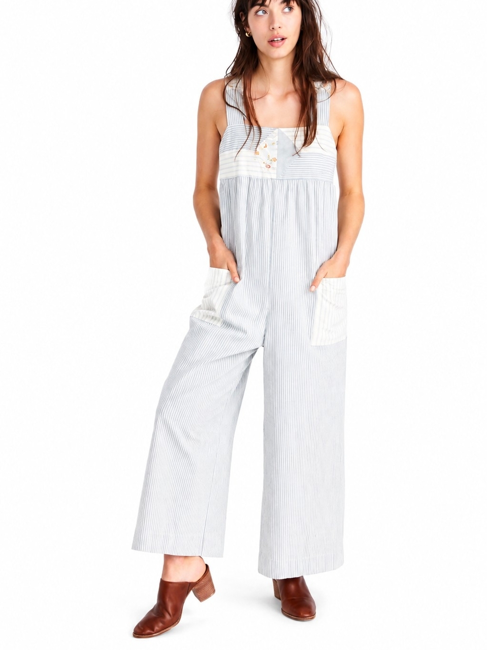 MADEWELL X The New Denim Project Blue Pinstripe Wide-Leg Overalls Sz XXS Floral